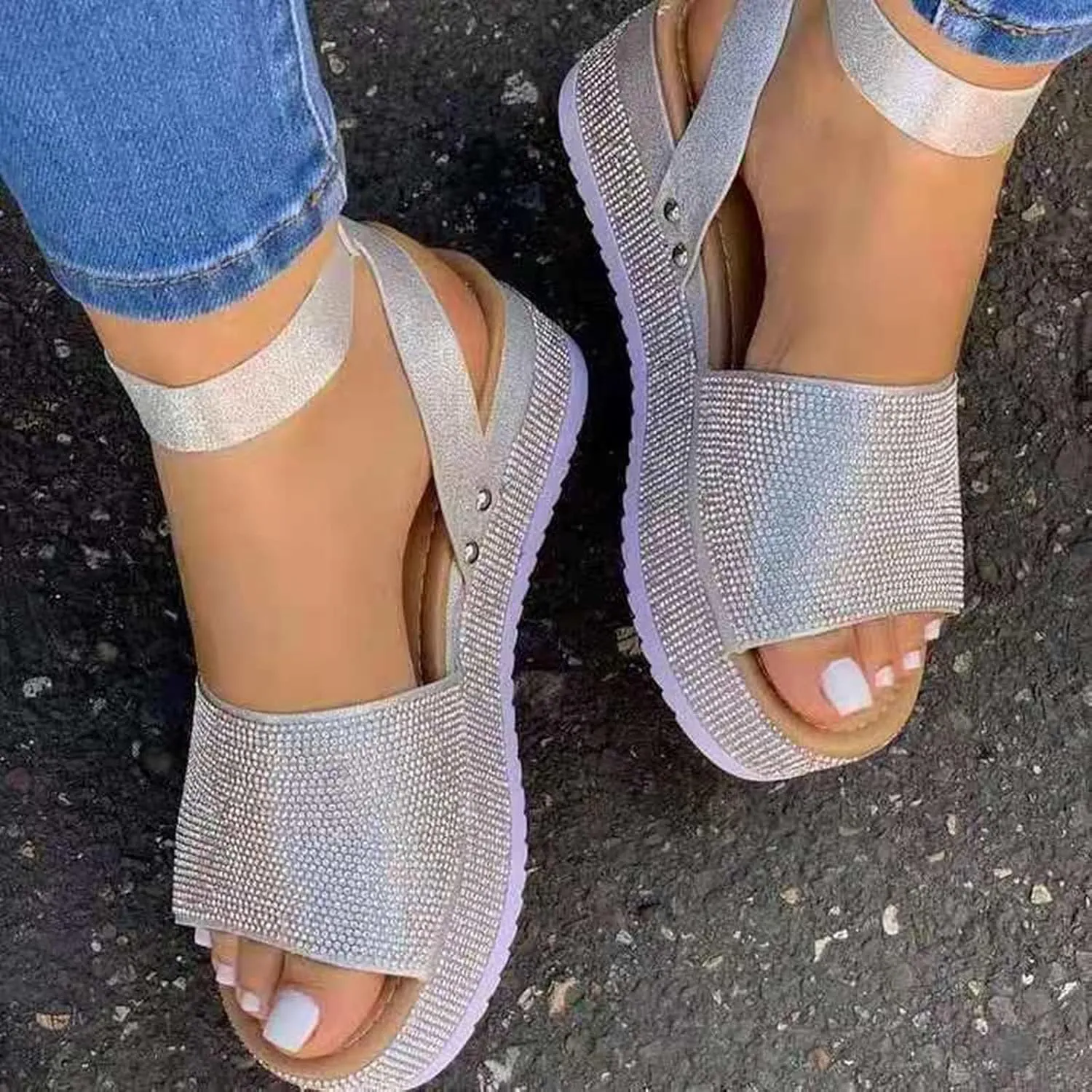 Womens Rhinestones Platform Sandals Summer Casual Buckle Ankle Strap Buckle Open Toe Sandals Dress Shoes