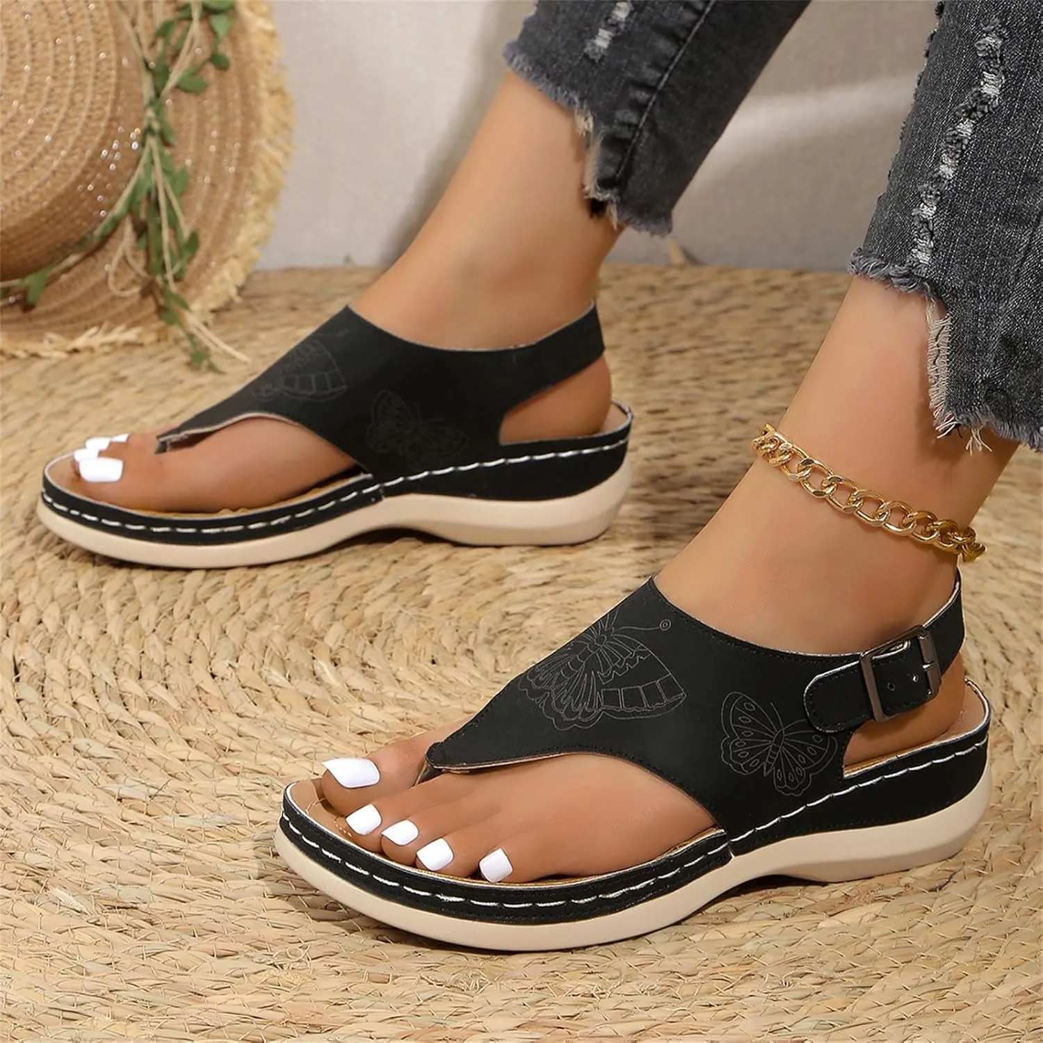 Womens Sandals Summer 2025 Comfortable Sandals Arch Support Wedge Flip Flops Wide Width Sandal Summer Beach Platform Slip-on Orthopedic Shoes Casual Dressy Wear 2025