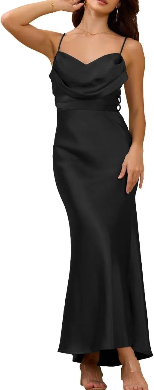 Women's Satin Spaghetti Strap Cowl Neck Backless Midi Wedding Guest Dress Ruched Sleeveless Tie Summer Dresses