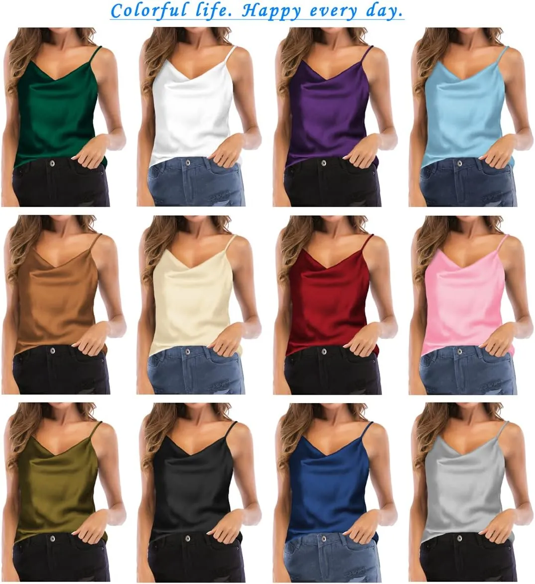 Women's Silk Satin Camisole Cowl Neck Tank Top Cami Silky Basic Tank Shirt Blouses