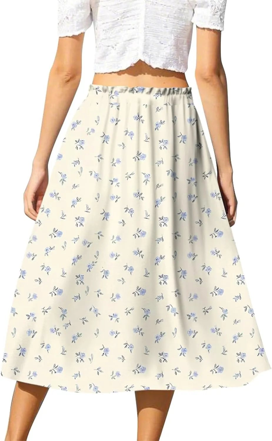 Womens Skirts Midi Length Flowy Summer Drawstring Elastic High Waist Knee Skirt A Line Floral Pleated Skirts