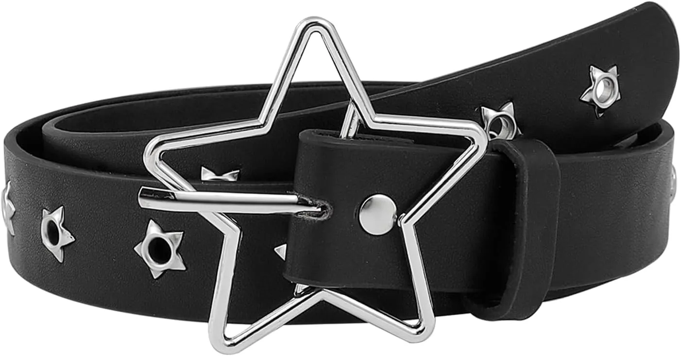 Womens Studded Leather Belt with Detachable Chain Punk Belt Chain Grommet Waist Belts for Jeans Pants