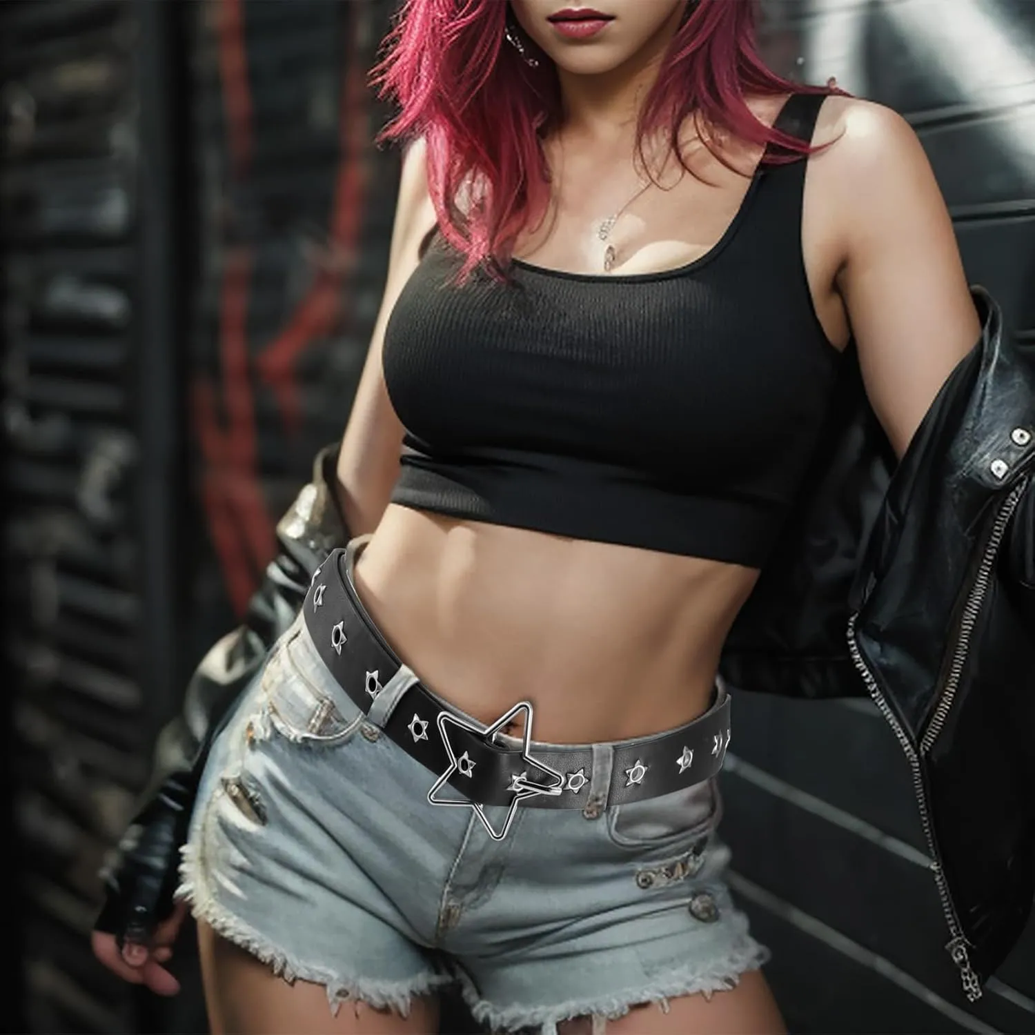 Womens Studded Leather Belt with Detachable Chain Punk Belt Chain Grommet Waist Belts for Jeans Pants
