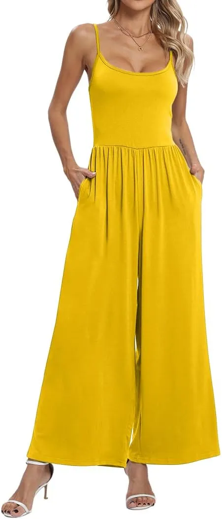 Womens Summer Casual Jumpsuits Square Neck Sleeveless Spaghetti Strap Wide Leg Long Pant Rompers Overalls With Pockets