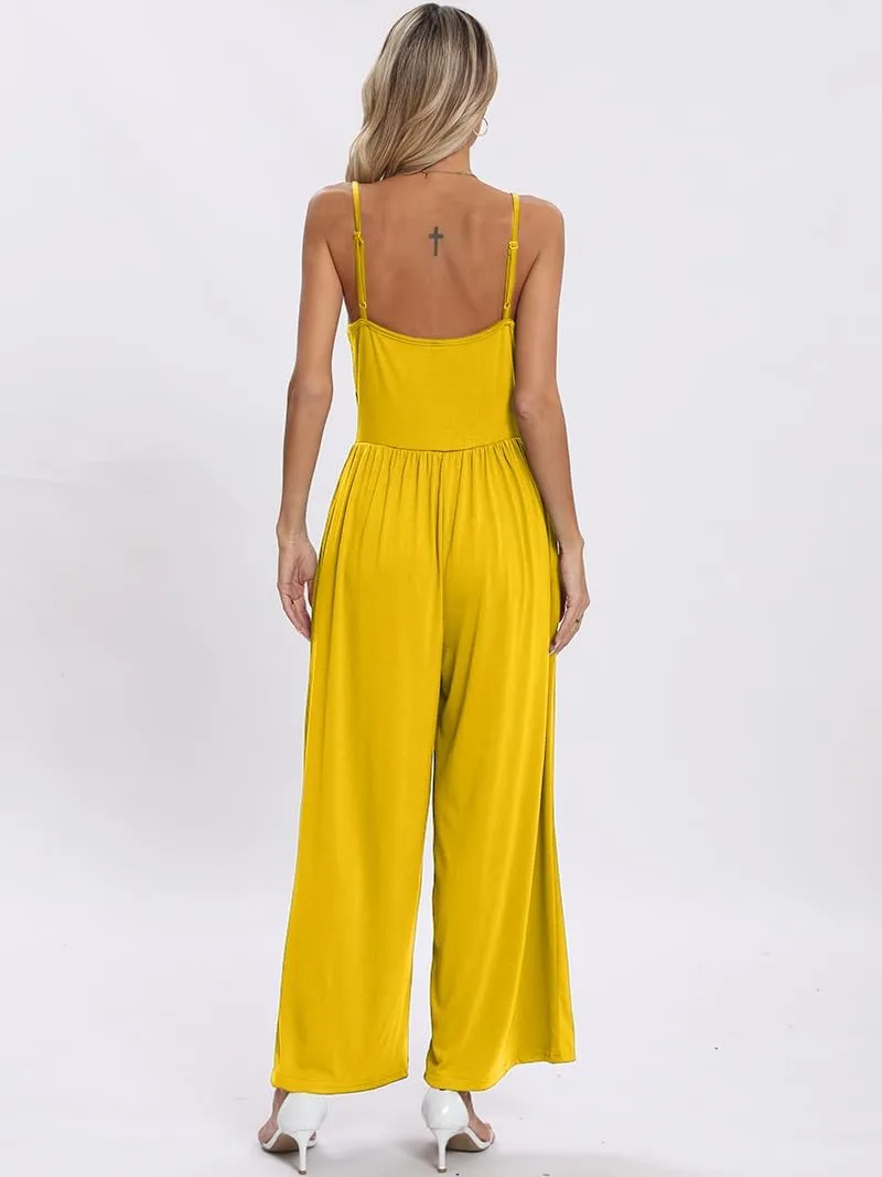 Womens Summer Casual Jumpsuits Square Neck Sleeveless Spaghetti Strap Wide Leg Long Pant Rompers Overalls With Pockets