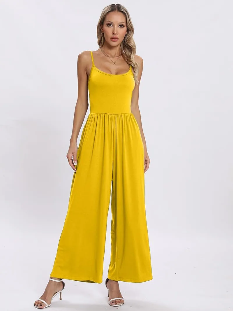 Womens Summer Casual Jumpsuits Square Neck Sleeveless Spaghetti Strap Wide Leg Long Pant Rompers Overalls With Pockets