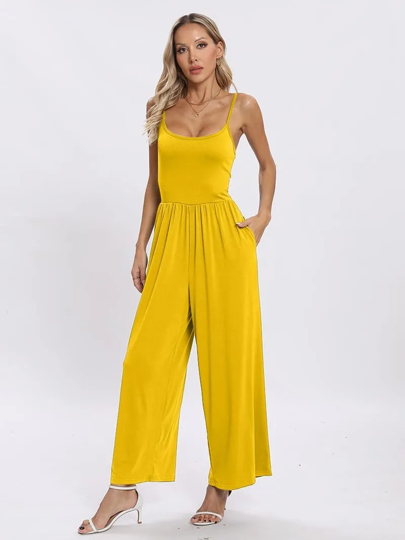 Womens Summer Casual Jumpsuits Square Neck Sleeveless Spaghetti Strap Wide Leg Long Pant Rompers Overalls With Pockets
