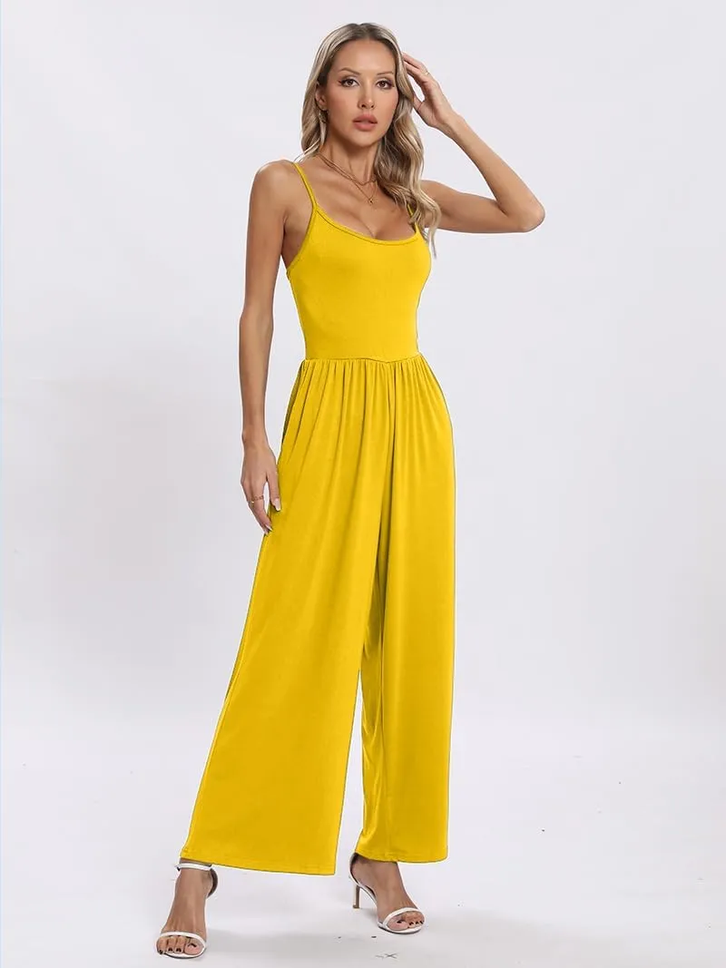 Womens Summer Casual Jumpsuits Square Neck Sleeveless Spaghetti Strap Wide Leg Long Pant Rompers Overalls With Pockets