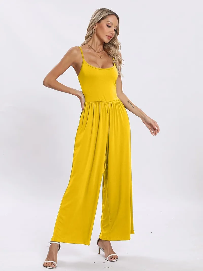 Womens Summer Casual Jumpsuits Square Neck Sleeveless Spaghetti Strap Wide Leg Long Pant Rompers Overalls With Pockets