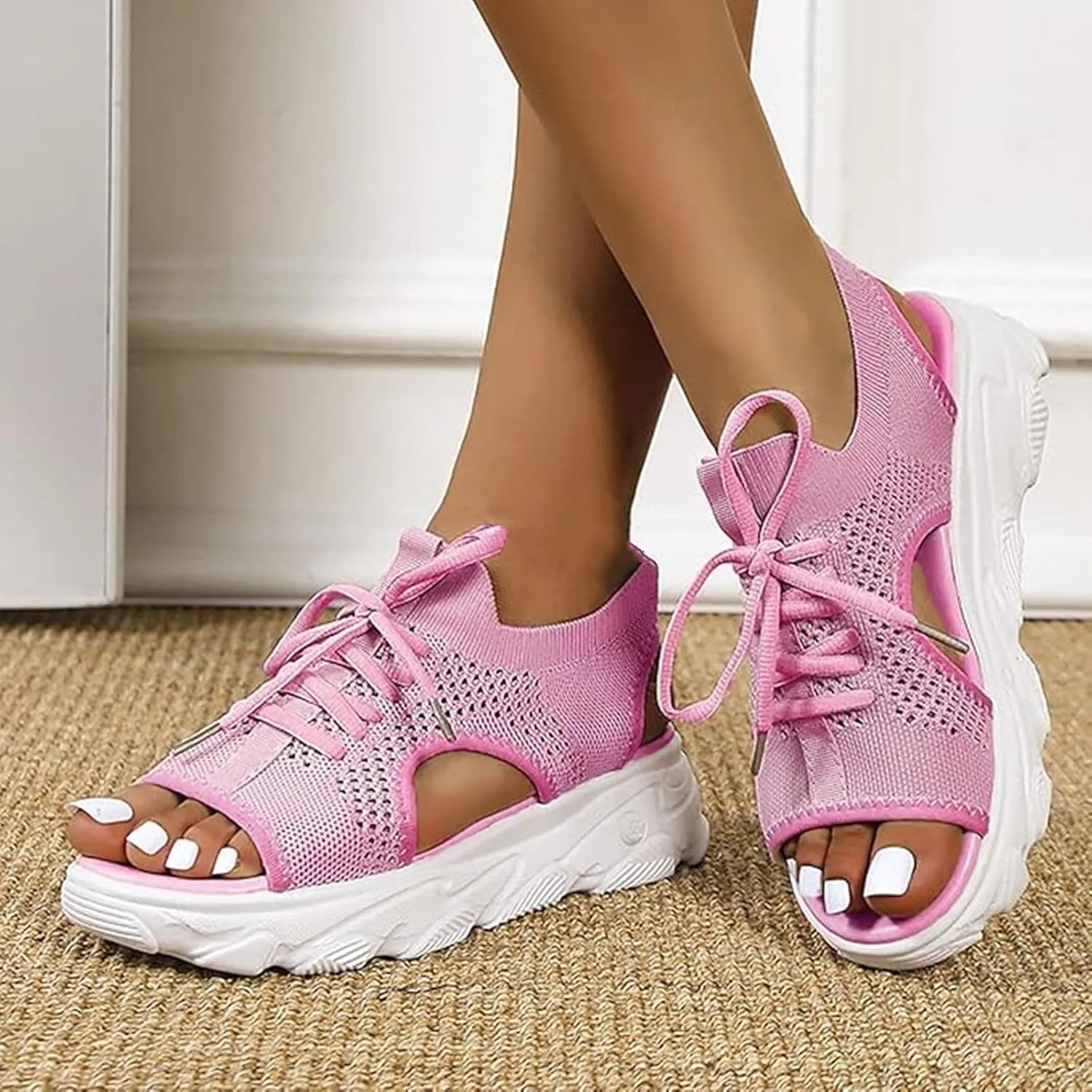Womens Walking Sport Sandals Arch Support Open Toe Ankle Strap Lace Up Wedge Sandals for Women Outdoor Beach Platform Sandal with Comfortable Plantar Fasciitis