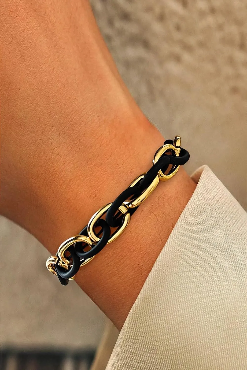 WOWORAMA Chunky Chain Bracelet for Women Adjustable Elastic Stretch Link Bracelets Thick Chunky Link Statement Bracelet Gold/Silver
