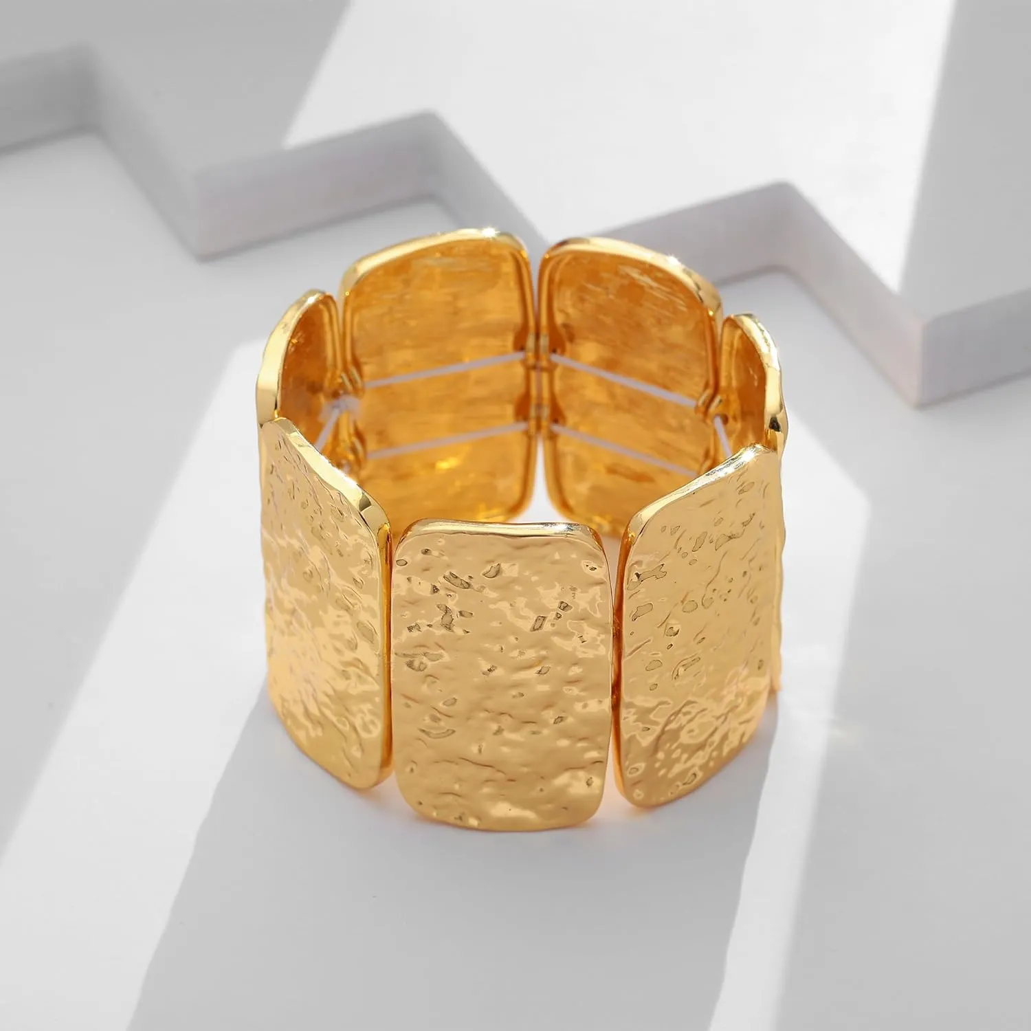 WOWORAMA Chunky Hammered Bangle Bracelets for Women Wide Gold Stretch Bangles Bracelet Boho Elastic Adjustable Statement Bracelet