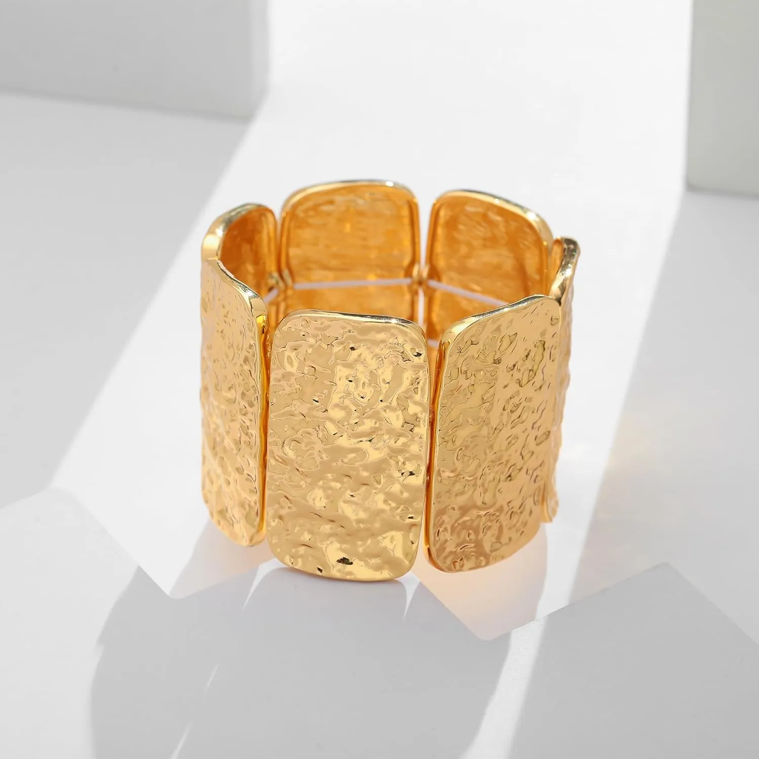 WOWORAMA Chunky Hammered Bangle Bracelets for Women Wide Gold Stretch Bangles Bracelet Boho Elastic Adjustable Statement Bracelet