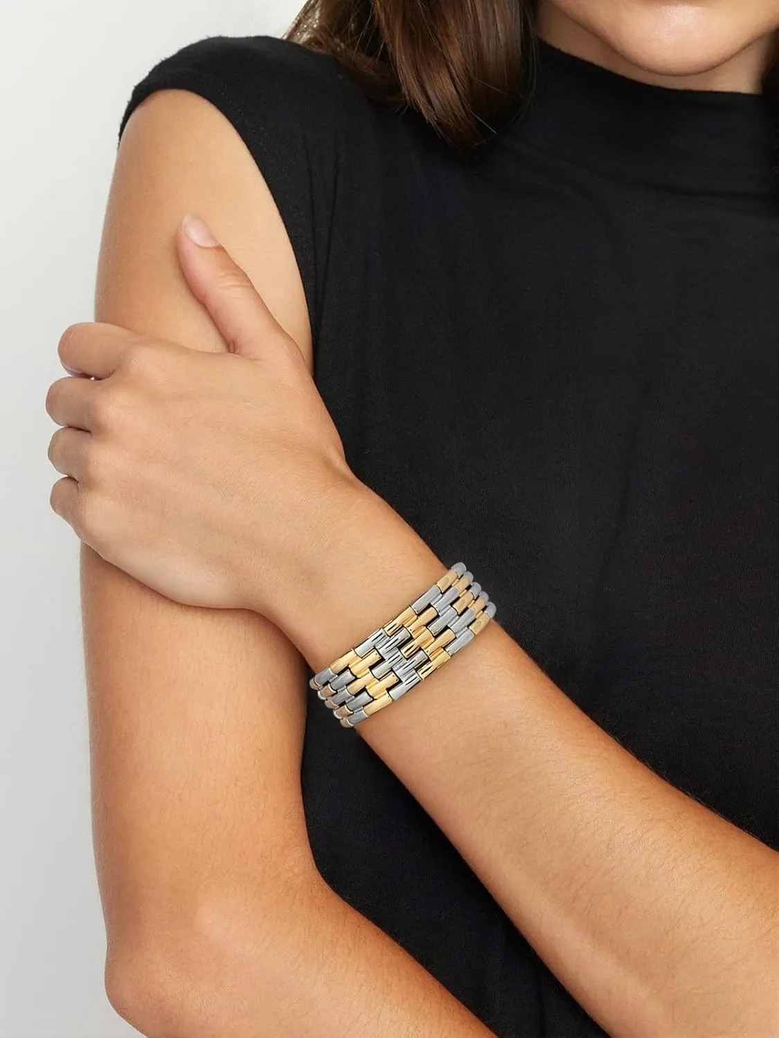 WOWORAMA Chunky Hammered Bangle Bracelets for Women Wide Gold Stretch Bangles Bracelet Boho Elastic Adjustable Statement Bracelet