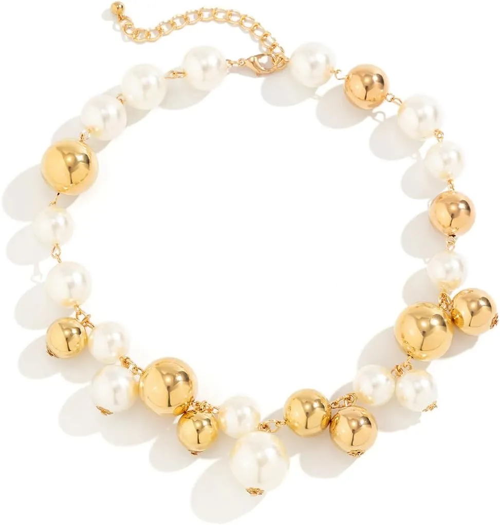 Y 14K Gold Plated Pearl Necklace - Dainty Gold Beaded Pearl Choker Chain Necklace for Women - Prom, Wedding, Bridal, Bridesmaid Jewelry