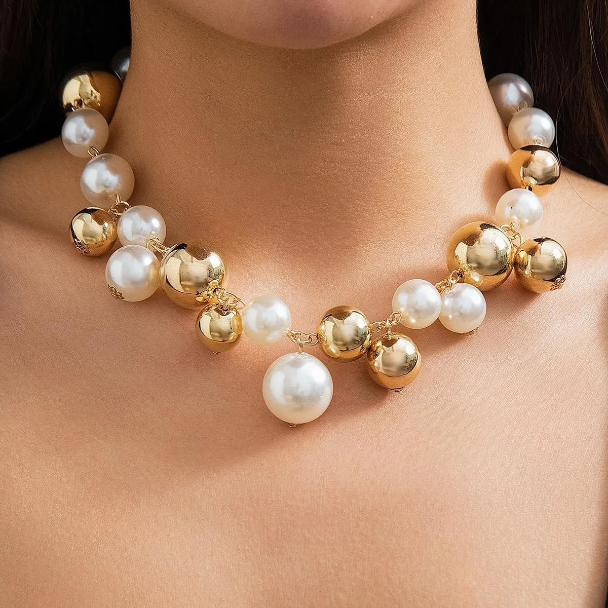 Y 14K Gold Plated Pearl Necklace - Dainty Gold Beaded Pearl Choker Chain Necklace for Women - Prom, Wedding, Bridal, Bridesmaid Jewelry