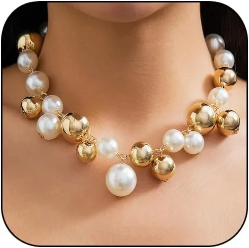 Y 14K Gold Plated Pearl Necklace - Dainty Gold Beaded Pearl Choker Chain Necklace for Women - Prom, Wedding, Bridal, Bridesmaid Jewelry