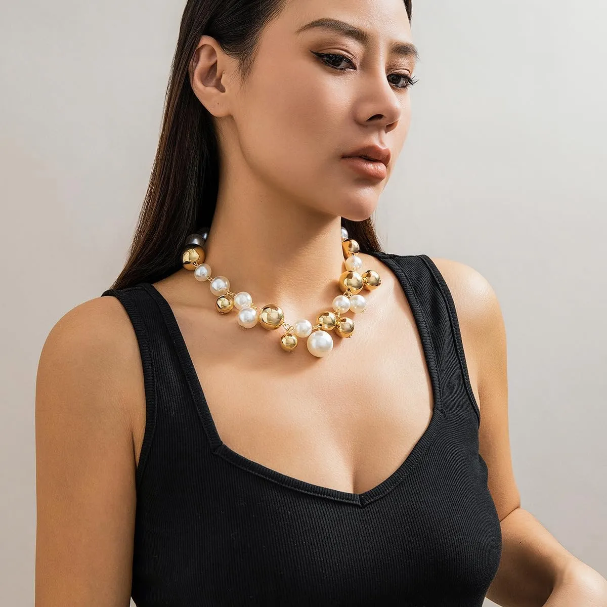 Y 14K Gold Plated Pearl Necklace - Dainty Gold Beaded Pearl Choker Chain Necklace for Women - Prom, Wedding, Bridal, Bridesmaid Jewelry
