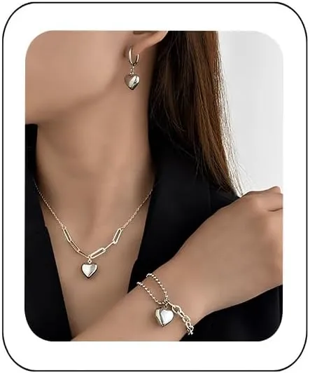 YAZILIND Silver/Gold Jewelry Set for Women,heart pendant necklace Drop Earrings Pearl stackable bracelets For prom bridal jewelry