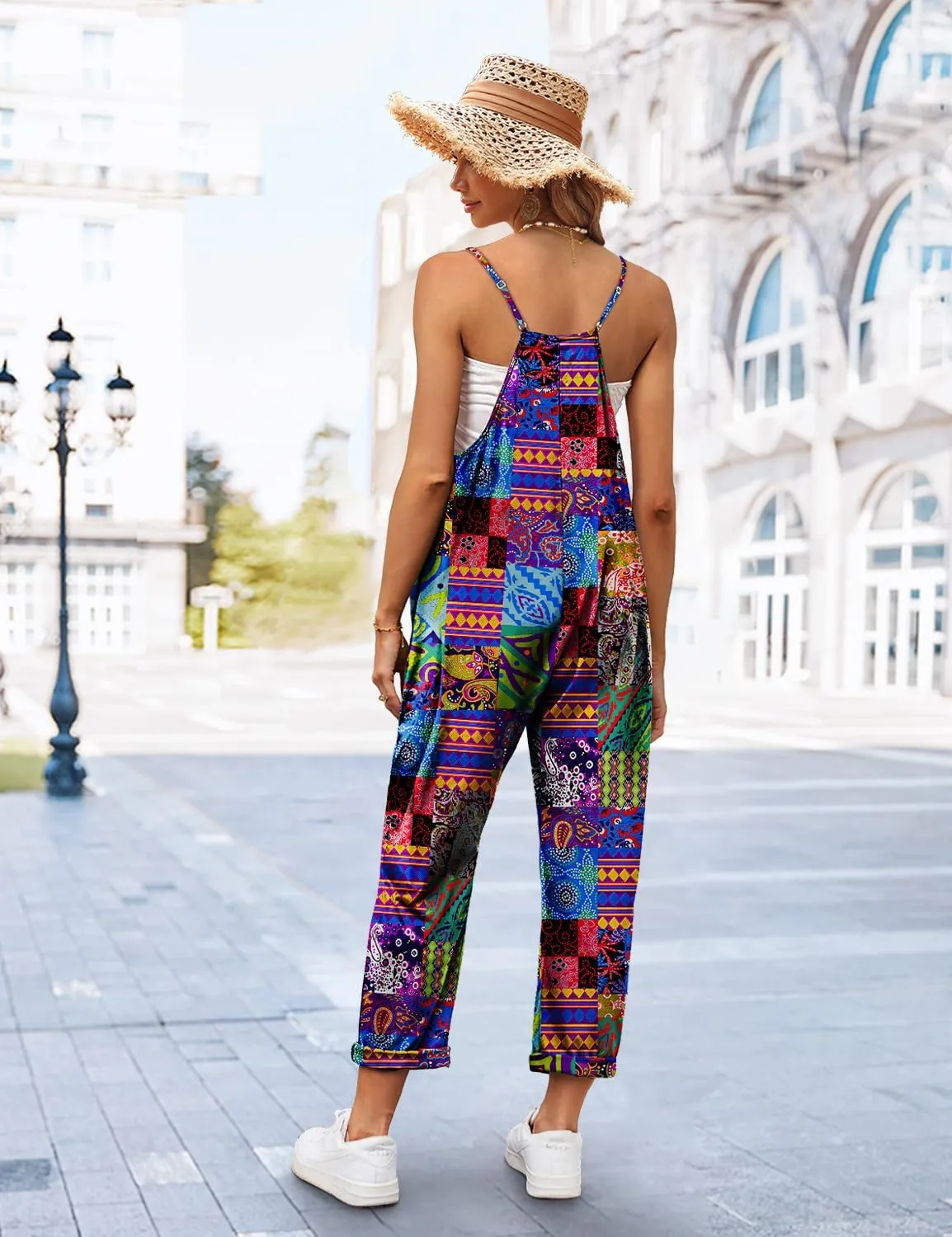 YESNO Women's Casual Floral Jumpsuits Spaghetti Straps Sleeveless Boho Summer Loose Harem Overalls Rompers with Pockets PZU