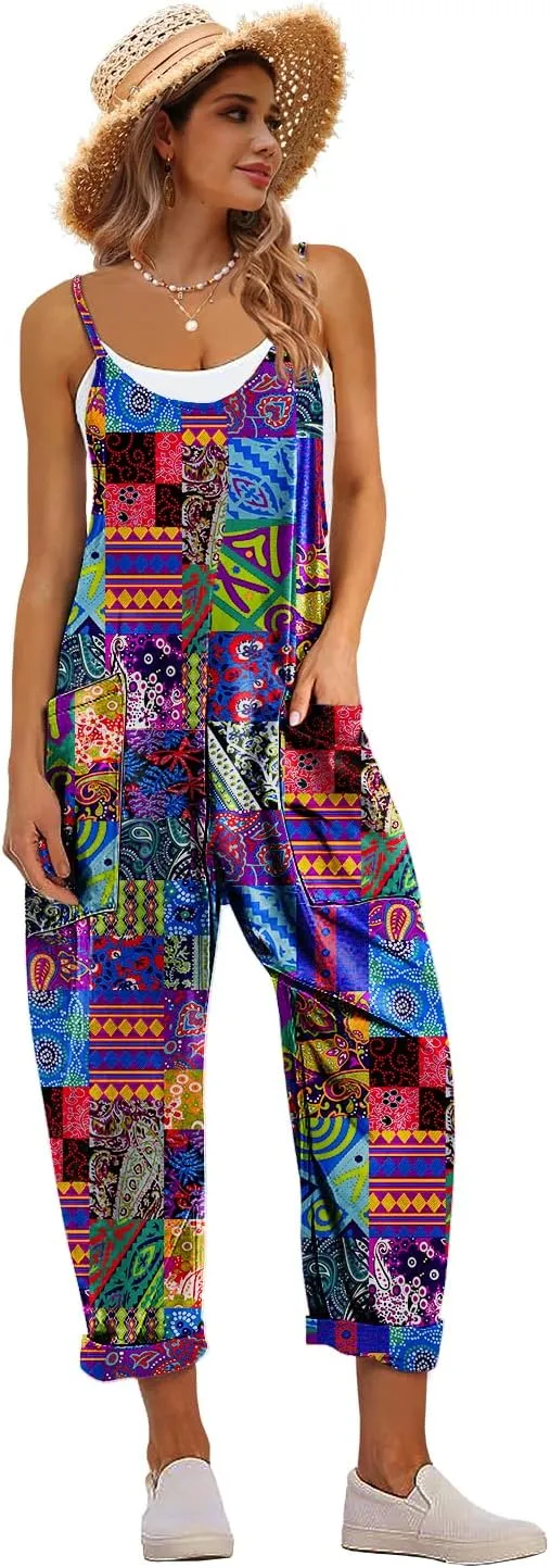 YESNO Women's Casual Floral Jumpsuits Spaghetti Straps Sleeveless Boho Summer Loose Harem Overalls Rompers with Pockets PZU