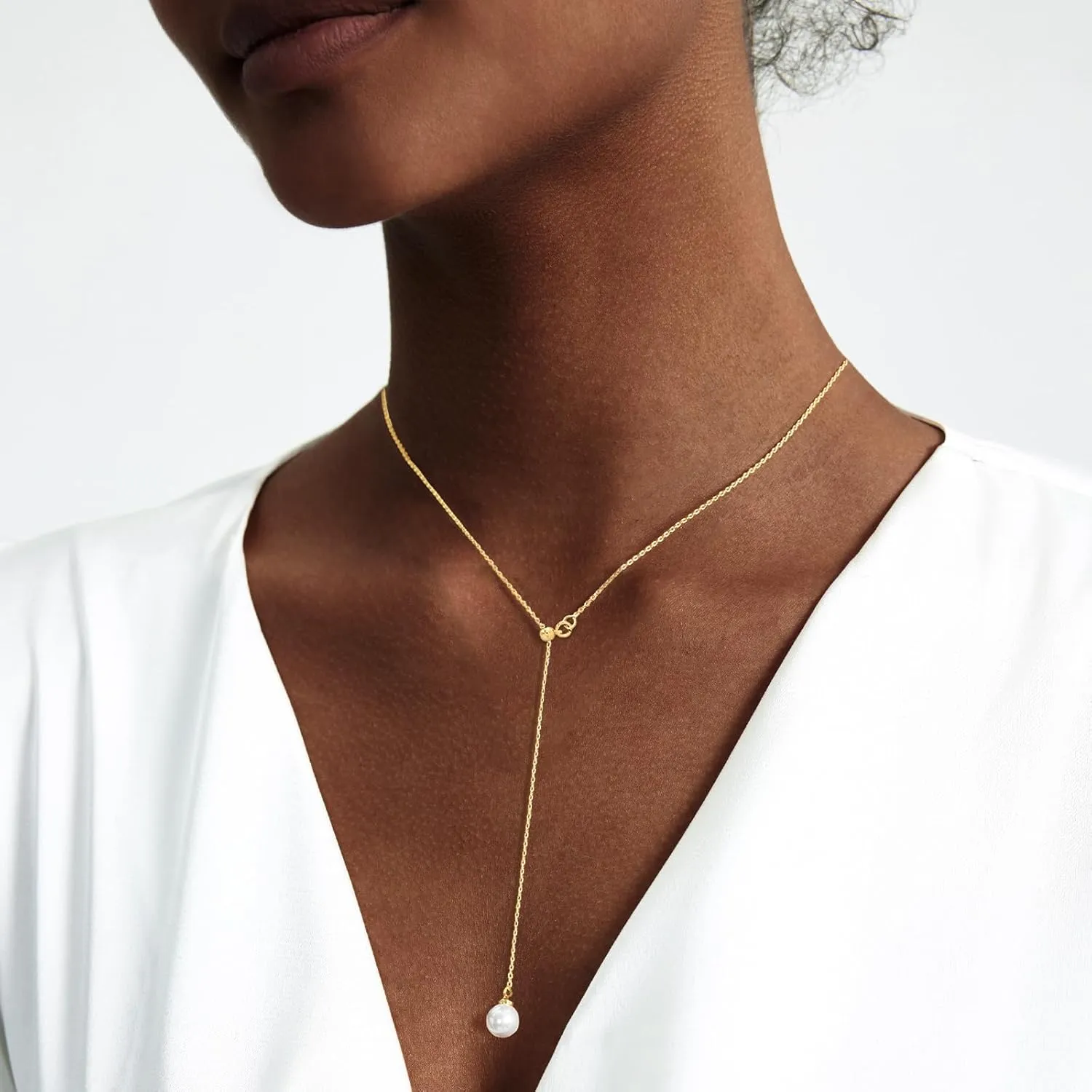 Zeffy Lariat Gold Necklace for Women Dainty Long Pearl Necklace 14k Gold/Silver Plated Layered Pearl/Beaded/CZ Y-Shaped Drop Wedding Stack Necklace Trendy Simple Gold Jewelry Set Gifts