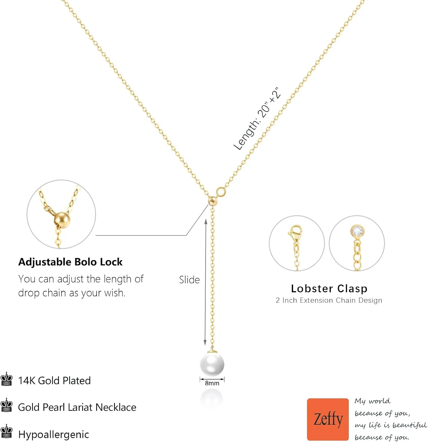 Zeffy Lariat Gold Necklace for Women Dainty Long Pearl Necklace 14k Gold/Silver Plated Layered Pearl/Beaded/CZ Y-Shaped Drop Wedding Stack Necklace Trendy Simple Gold Jewelry Set Gifts