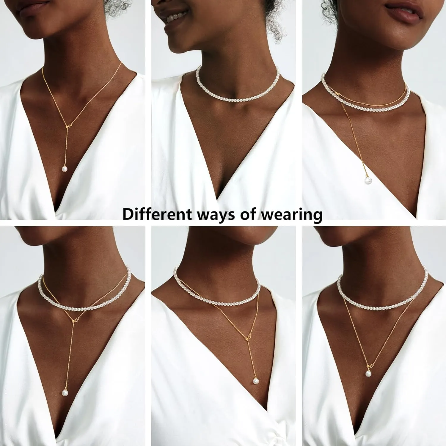 Zeffy Lariat Gold Necklace for Women Dainty Long Pearl Necklace 14k Gold/Silver Plated Layered Pearl/Beaded/CZ Y-Shaped Drop Wedding Stack Necklace Trendy Simple Gold Jewelry Set Gifts