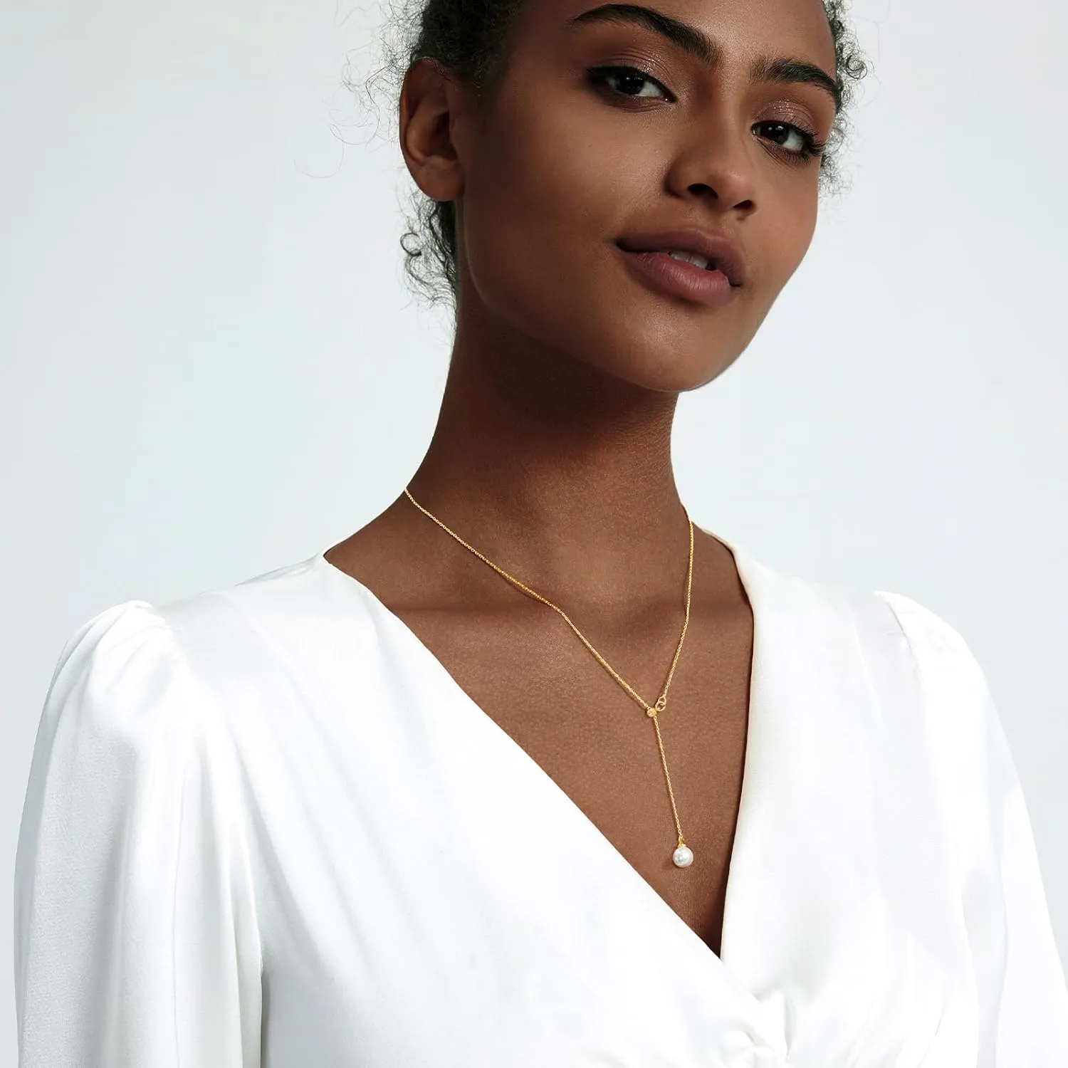 Zeffy Lariat Gold Necklace for Women Dainty Long Pearl Necklace 14k Gold/Silver Plated Layered Pearl/Beaded/CZ Y-Shaped Drop Wedding Stack Necklace Trendy Simple Gold Jewelry Set Gifts