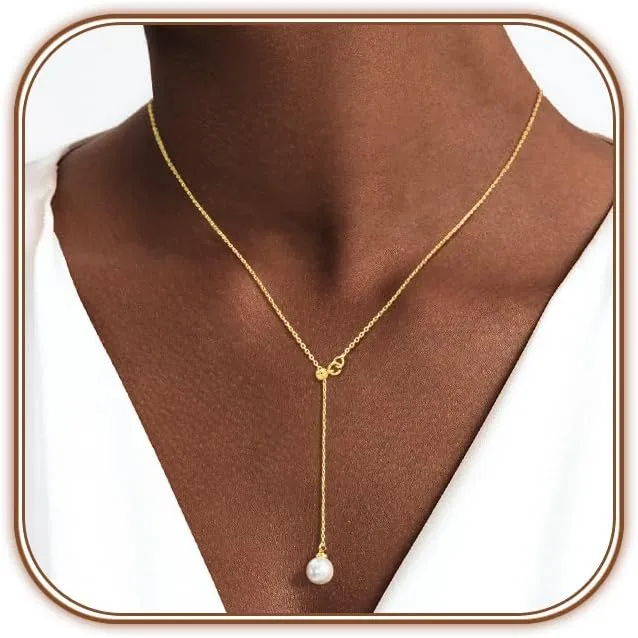 Zeffy Lariat Gold Necklace for Women Dainty Long Pearl Necklace 14k Gold/Silver Plated Layered Pearl/Beaded/CZ Y-Shaped Drop Wedding Stack Necklace Trendy Simple Gold Jewelry Set Gifts