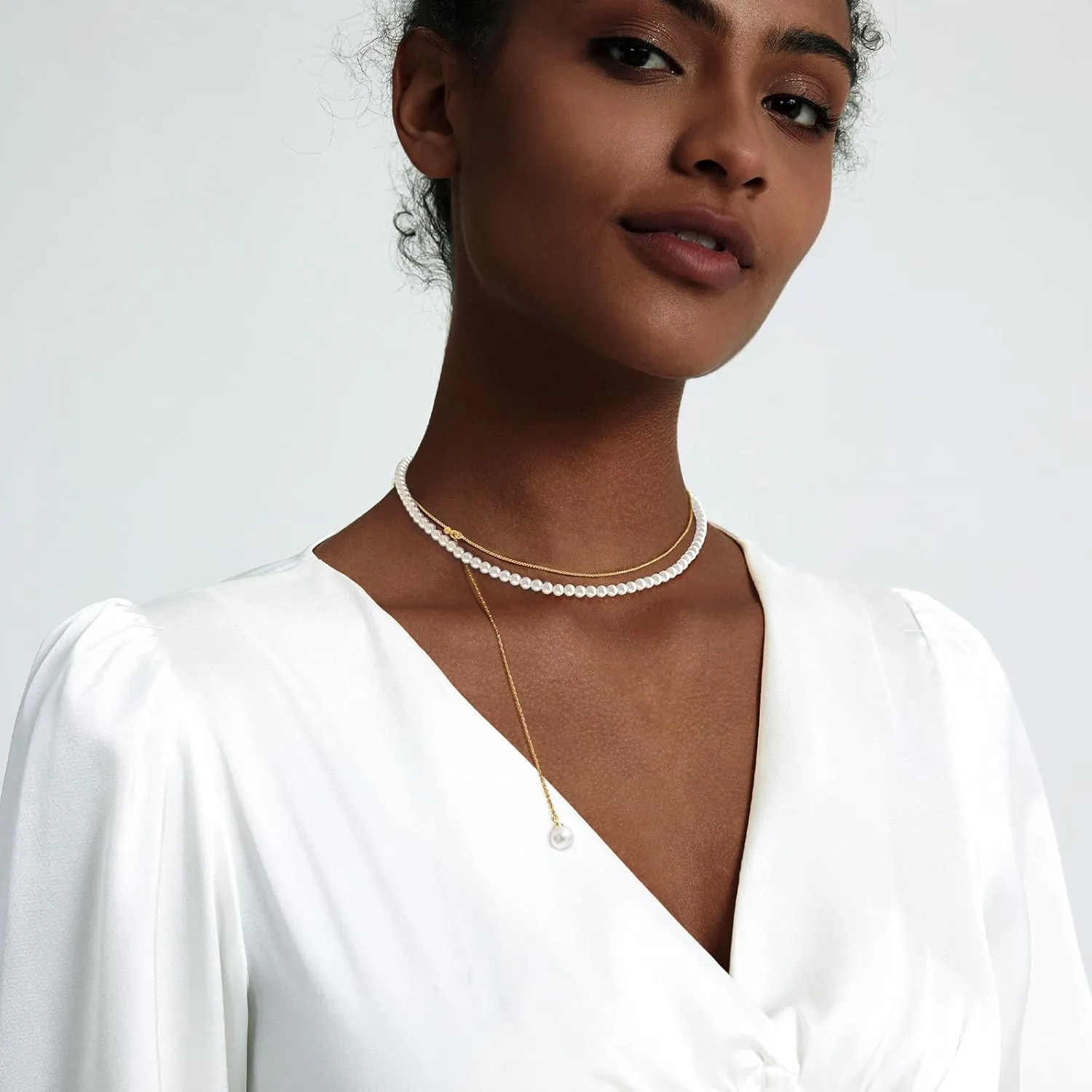 Zeffy Lariat Gold Necklace for Women Dainty Long Pearl Necklace 14k Gold/Silver Plated Layered Pearl/Beaded/CZ Y-Shaped Drop Wedding Stack Necklace Trendy Simple Gold Jewelry Set Gifts