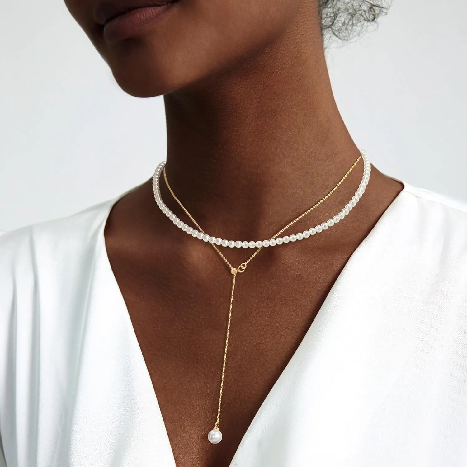 Zeffy Lariat Gold Necklace for Women Dainty Long Pearl Necklace 14k Gold/Silver Plated Layered Pearl/Beaded/CZ Y-Shaped Drop Wedding Stack Necklace Trendy Simple Gold Jewelry Set Gifts