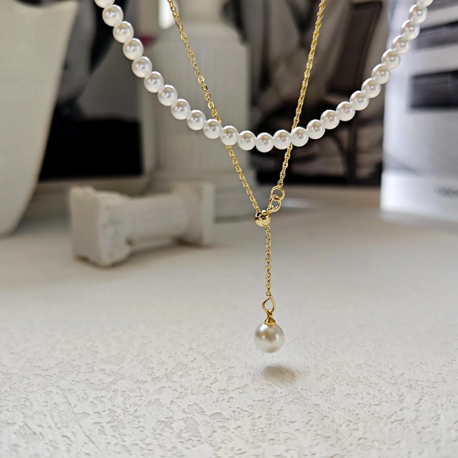 Zeffy Lariat Gold Necklace for Women Dainty Long Pearl Necklace 14k Gold/Silver Plated Layered Pearl/Beaded/CZ Y-Shaped Drop Wedding Stack Necklace Trendy Simple Gold Jewelry Set Gifts