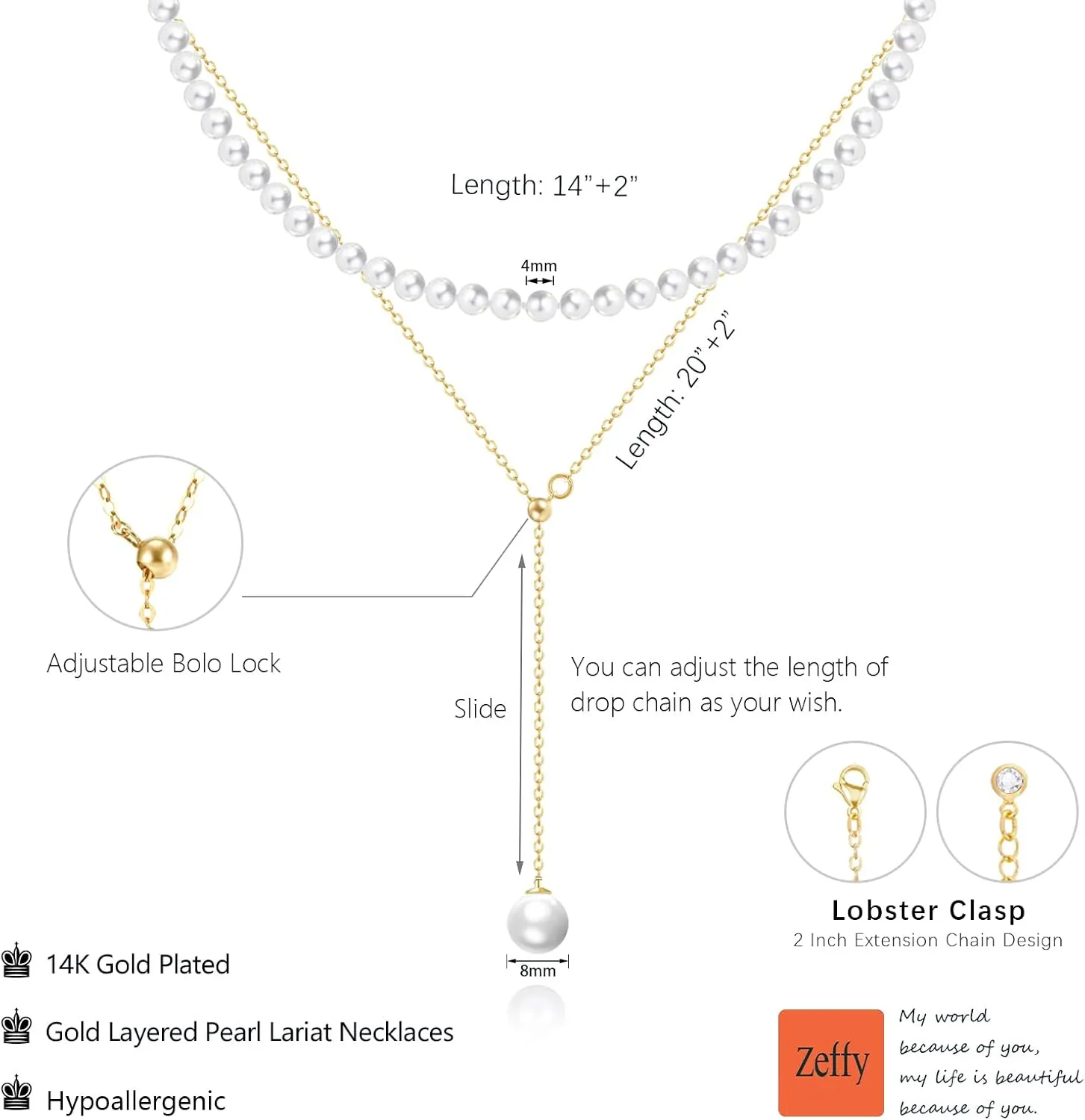 Zeffy Lariat Gold Necklace for Women Dainty Long Pearl Necklace 14k Gold/Silver Plated Layered Pearl/Beaded/CZ Y-Shaped Drop Wedding Stack Necklace Trendy Simple Gold Jewelry Set Gifts