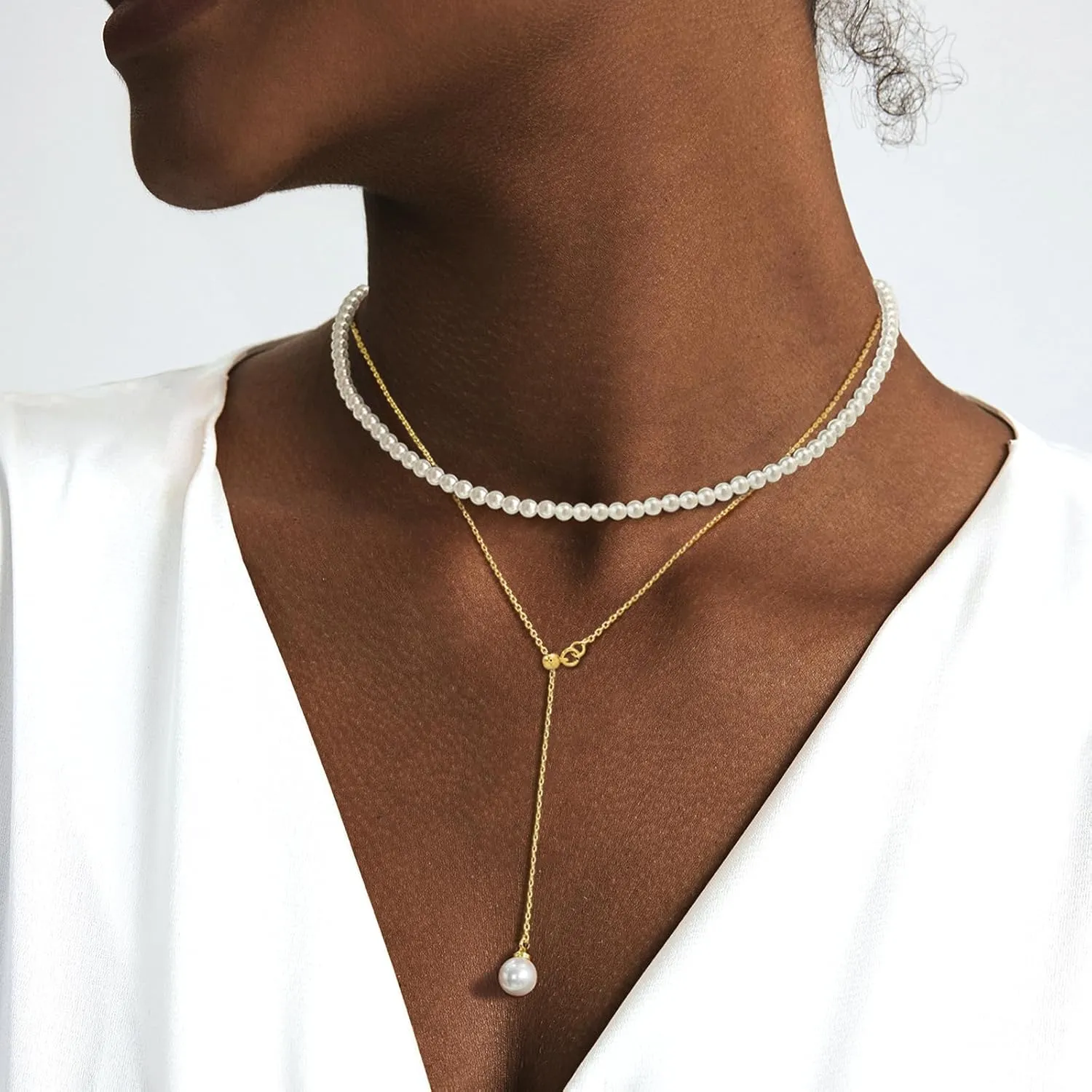 Zeffy Lariat Gold Necklace for Women Dainty Long Pearl Necklace 14k Gold/Silver Plated Layered Pearl/Beaded/CZ Y-Shaped Drop Wedding Stack Necklace Trendy Simple Gold Jewelry Set Gifts