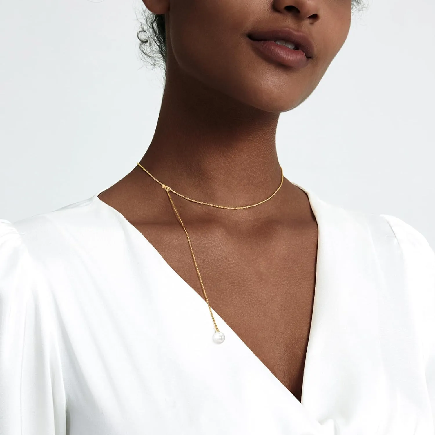 Zeffy Lariat Gold Necklace for Women Dainty Long Pearl Necklace 14k Gold/Silver Plated Layered Pearl/Beaded/CZ Y-Shaped Drop Wedding Stack Necklace Trendy Simple Gold Jewelry Set Gifts