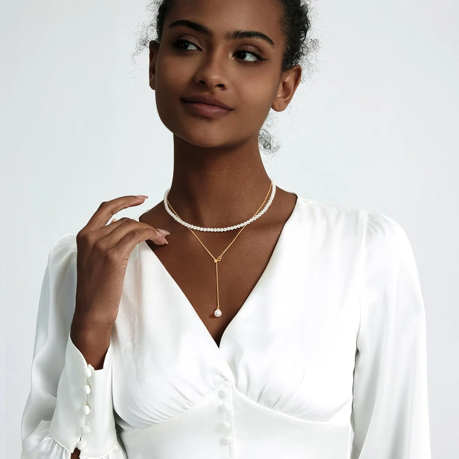 Zeffy Lariat Gold Necklace for Women Dainty Long Pearl Necklace 14k Gold/Silver Plated Layered Pearl/Beaded/CZ Y-Shaped Drop Wedding Stack Necklace Trendy Simple Gold Jewelry Set Gifts