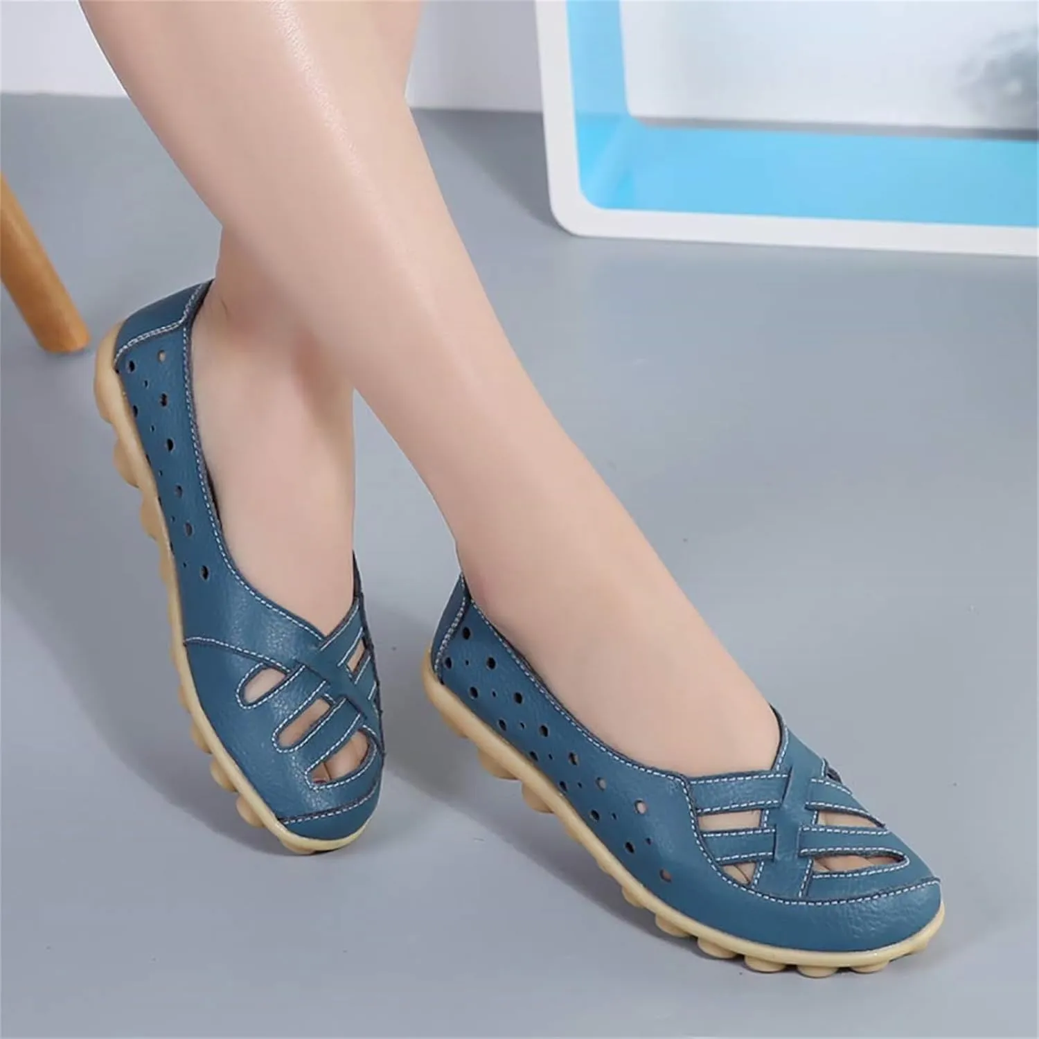 ZWRXW Women's Ballet Flat Shoes Pu Leather Comfortable Round Toe Slip On Flats Comfort Soft Non Slip Low Wedge Summer Dressy Dress Work Walking Flats Shoes with Breathable Eyelets